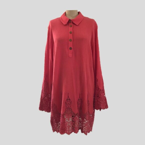 Soft Surroundings Coral Pink Cotton Linen Crochet Boho Long Sleeve Top Tunic - L - Picture 1 of 9